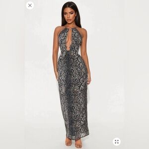 Halterneck Snake-Print Cutout Maxi Dress - Black/White/Brown
